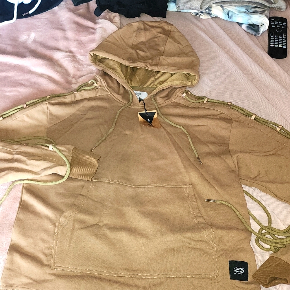 SIXTH JUNE PARIS NWT LACED TIE UP SLEEVE TAN HOODIE MENS XS/WOMENS SMALL